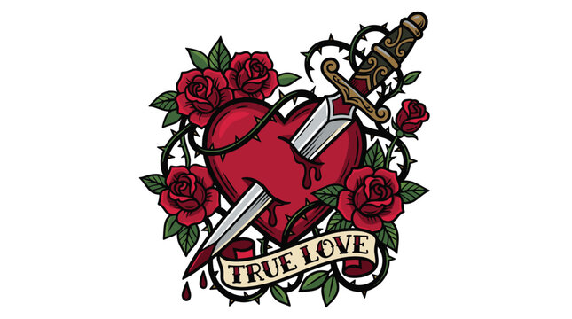 Heart pierced by dagger with roses and True Love banner.