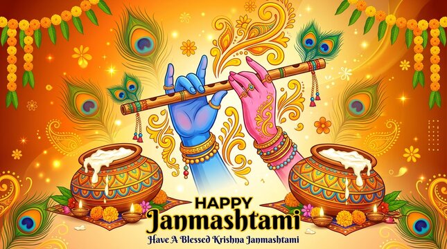 Celebrating happy Janmashtami festival of India with llustration of Lord Krishna and dahi handi competition with text in Hindi meaning 'Krishan Janmashtami