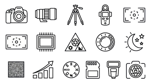 Digital photography and camera equipment line icon set.