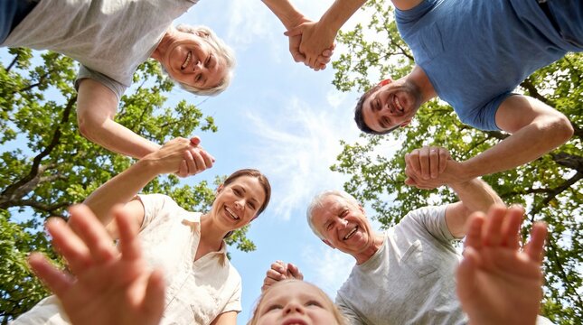 Multi-generational family holding hands forming a circle looking down at camera, low angle outdoor lifestyle portrait