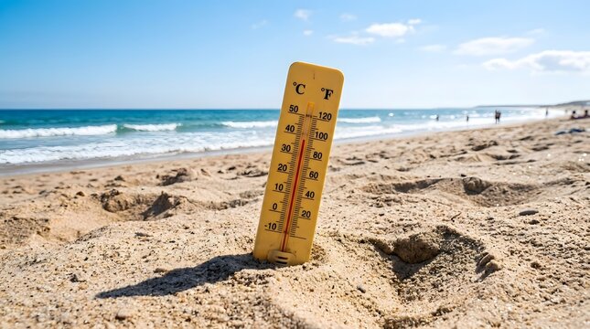 Hot summer day thermometer reading extreme heat on sandy beach