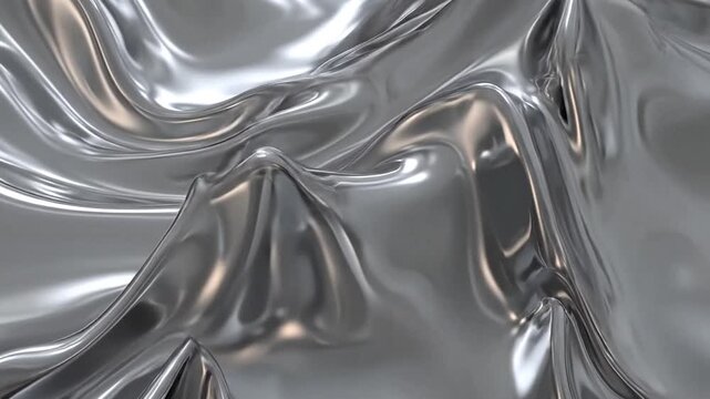 Abstract background of flowing silver metallic folds with shiny reflective texture