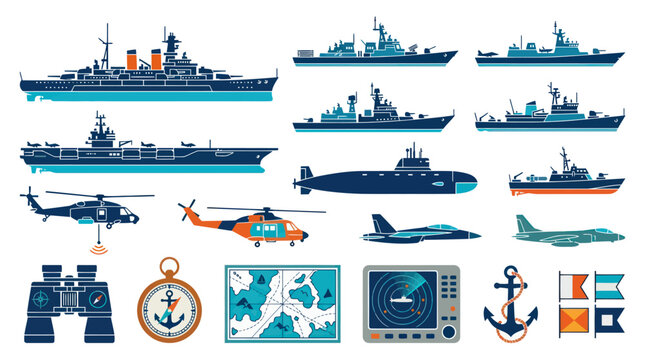 Navy Military Fleet: Ships, Helicopters, Jets, Submarine, Radar, Compass, Map