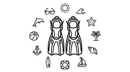Diving fins with summer vacation icon set. © ULFAITA