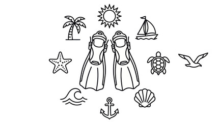 Diving flippers surrounded by tropical beach and ocean icons. © ULFAITA