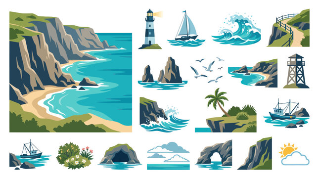 Flat Vector Set of Coastal Ocean Landscapes and Nautical Elements