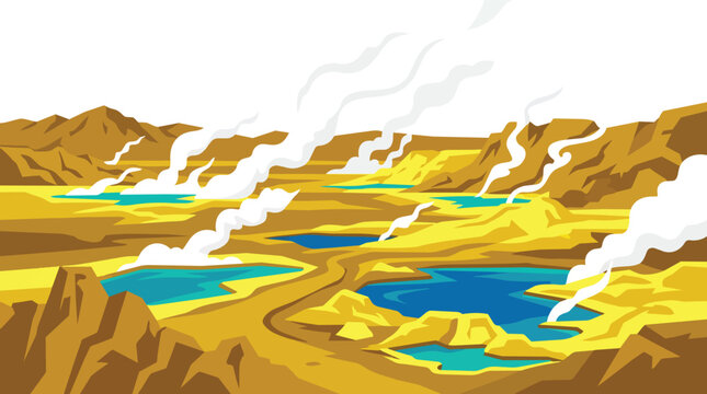 Geothermal hot springs with steaming vents in vibrant minimalist flat vector style for sustainable tourism marketing