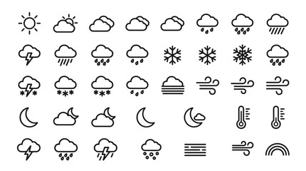 Naklejka premium Detailed set of linear weather icons representing various atmospheric conditions like rain clouds sun and wind patterns displayed in a professional grid layout on white background