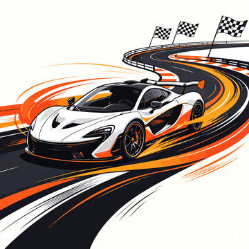 Dynamic vector illustration of a white and orange modern supercar racing on a curved speedway track with checkered flags, showcasing speed and performance.
