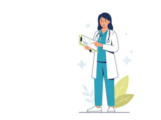 Fototapeta premium Professional Doctor With Clipboard And Stethoscope In Medical Setting Illustration