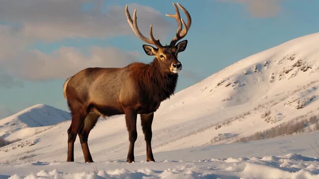 Wild elk in the snow Snow Mountain elk foraging