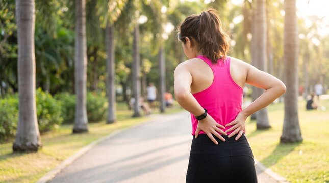 Woman holding lower back feeling pain during outdoor fitness exercise at a park with golden hour sunlight shining on trees in the background during workout