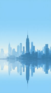 Blue city skyline reflection on calm water surface.