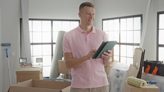 Man in pink polo taps tablet while standing among packed cardboard boxes, bubblewrap, and moving supplies inside a building; focused planning.
