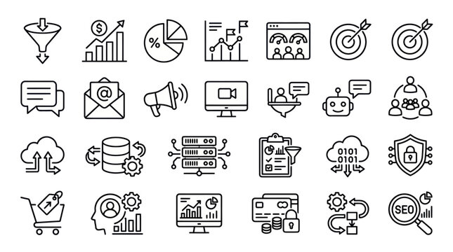 Digital marketing and data analysis line icons