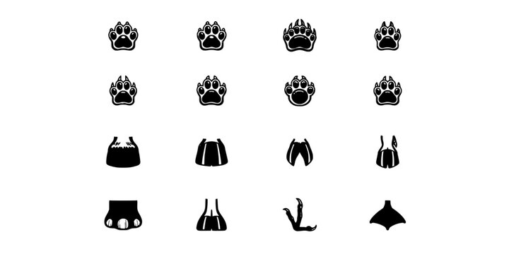 Collection of Animal Paws and Feet Icons, Vector Illustrations of Wildlife Footprints Featuring Paw, Foot, Print with Icon