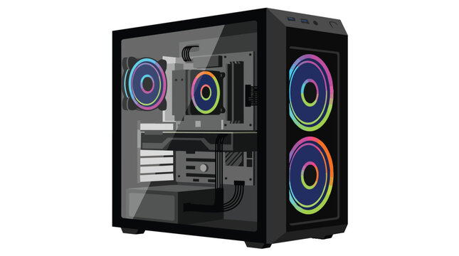 Gaming pc desktop tower with colorful rgb lighting effects in a modern vector illustration for esports marketing