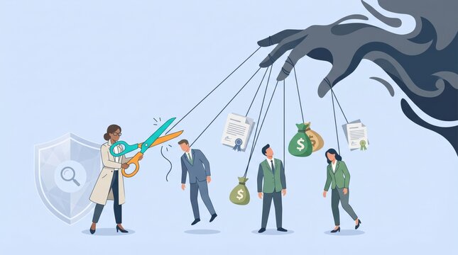 Business cutting strings of puppet employees controlled by dark shadowy hand in corporate office