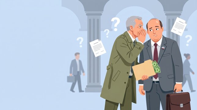 Corporate corruption concept with businessman receiving bribe in secret meeting inside government office hall