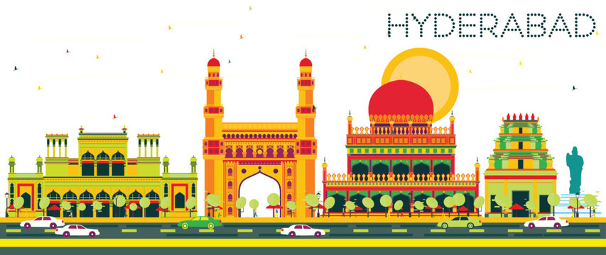 Vibrant of hyderabad skyline featuring charminar, birla mandir, and hussain sagar buddha with colorful landmarks