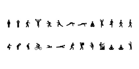 Obraz premium Collection of 20 Black Silhouette Icons Depicting Various Human Activities and Exercises Featuring Icon, Person, Activity