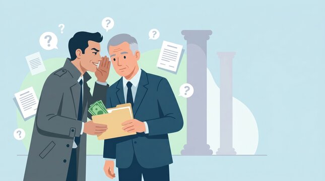 Secretive business meeting with bribe money exchange and floating question marks in setting