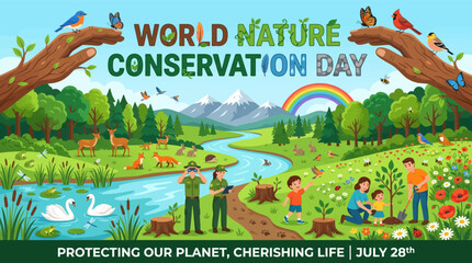 Naklejka premium Illustrated celebration of with diverse wildlife with vibrant whimsical celebration _World Nature Conservation Day