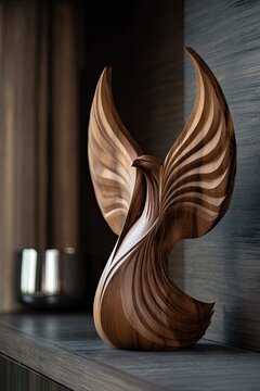 Carved wooden bird sculpture with open wings.