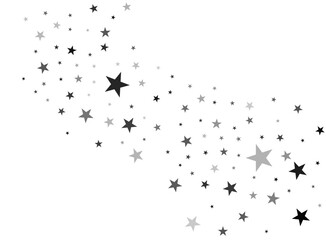 Obraz premium Abstract pattern featuring numerous scattered black and gray fivepointed stars on a crisp white background, creating a festive, elegant, and modern design element for various uses.