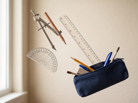 A collection of drawing and writing tools including a compass ruler protractor pencils eraser brush and pencil case are artfully arranged with clear plastic ruler concept