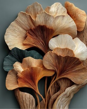 Carved wooden ginkgo leaves in light brown tones.