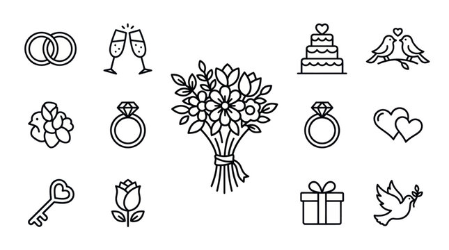 Wedding and romance celebration line icons