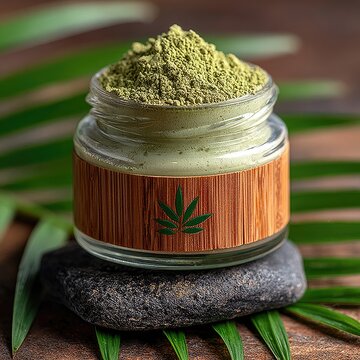 CBD hemp powder in glass jar with logo.