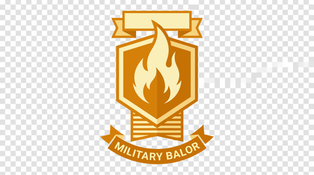 Gold military valor badge with flame shield and ribbon.