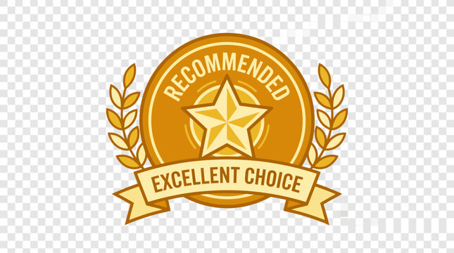 Gold recommended badge with star and excellent choice ribbon