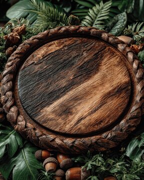 Carved wood plate nestled in ferns.