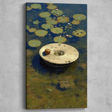 Circular stone platform among lily pads in green pond.