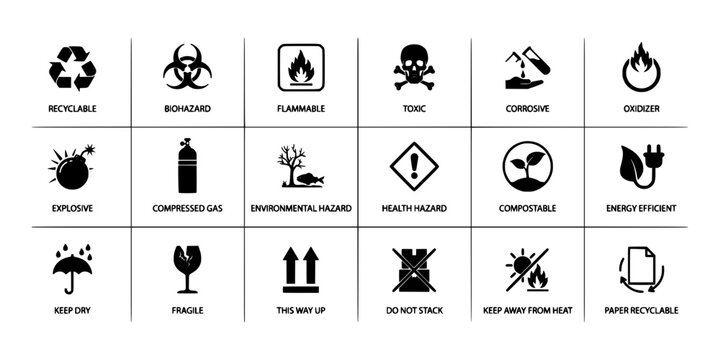 Collection of Shipping and Hazard Symbols and Icons for Packaging and Logistics Featuring Recyclable, Biohazard, Flammable