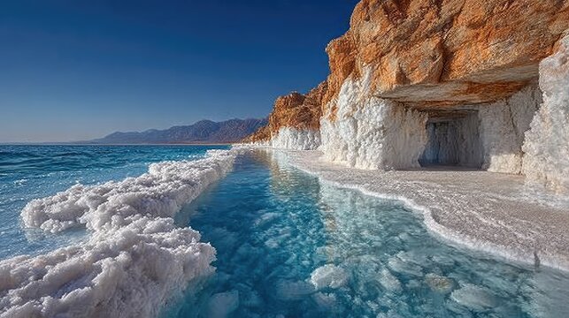 Clear turquoise water and salt rocks in desert lake