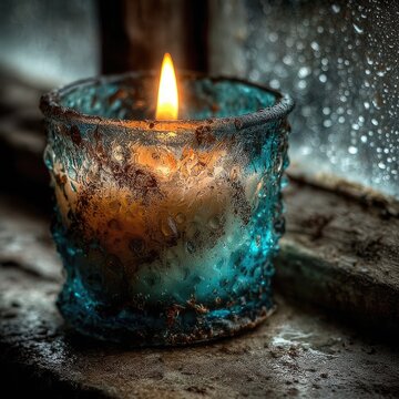 Close up blue textured glass candle.