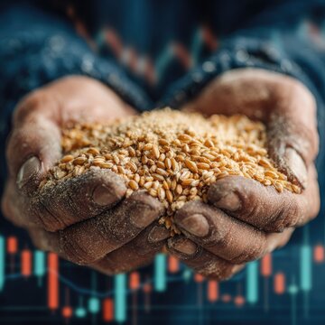 Close up grain in hands with stock market bars.