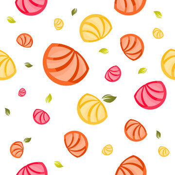 Colorful Mixed Citrus Fruit Seamless Pattern with Green Leaves on White, Vibrant Tropical Flat Illustration