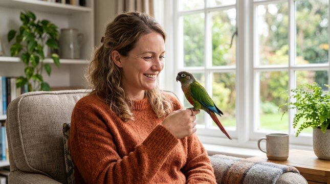 Woman smiling with pet parrot at home