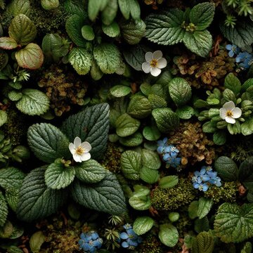 Close up of green leaves with tiny white flowers.