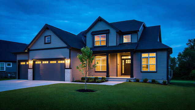Illuminated luxury home at dusk with landscaped lawn and modern architecture real estate building