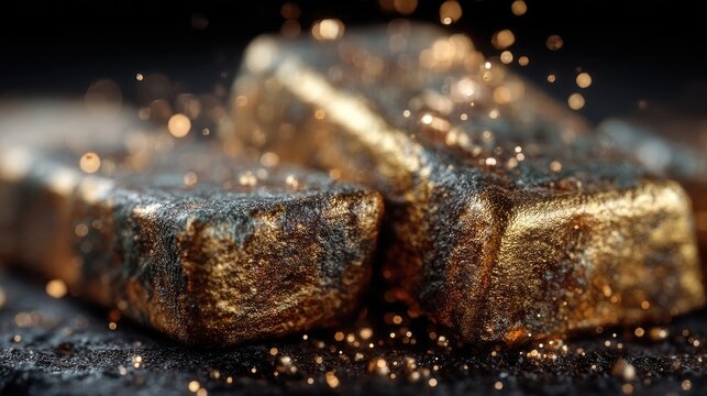 Close up of golden bars with shimmering glitter dust.