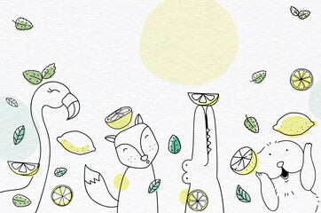 Fototapeta premium Cute animal illustrations with lemons and leaves on a textured background.