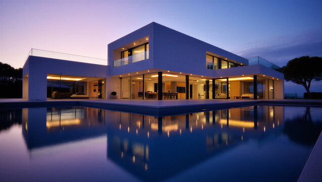 Luxurious modern villa with infinity pool reflecting evening lights real estate modern design