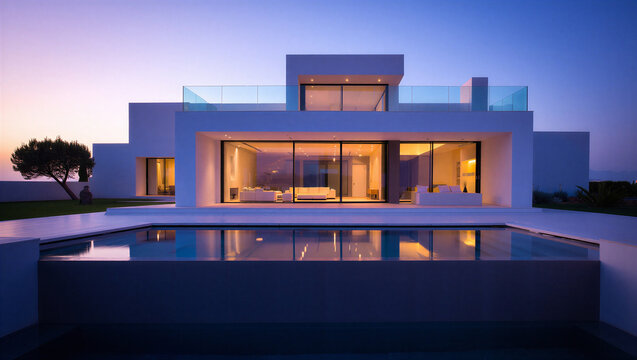 Contemporary house with swimming pool at twilight and cityscape view real estate modern architectu