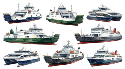 Obraz premium Watercolor illustration set of passenger ferry boats and catamarans isolated on white background